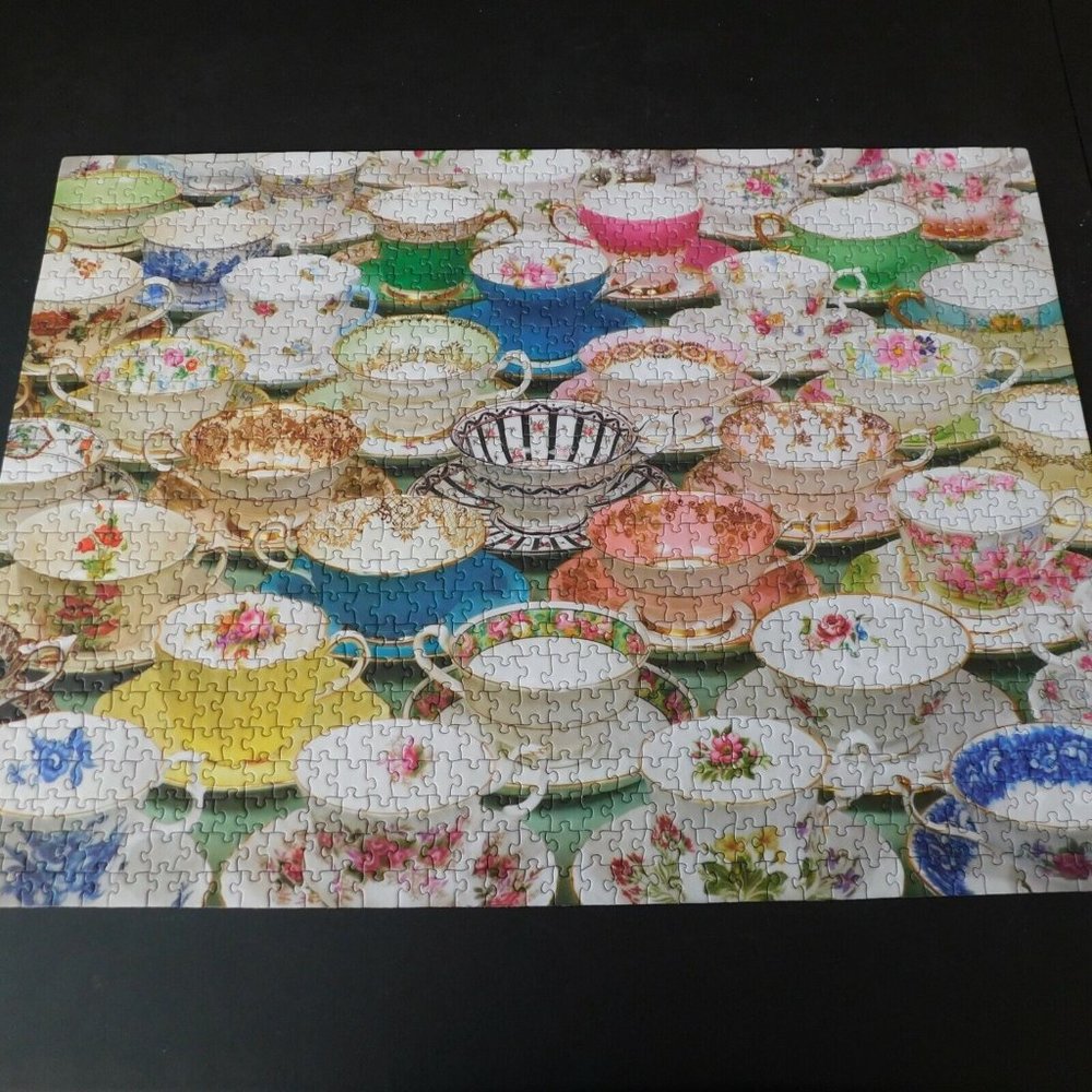 Cobble Hill Teacups 1000 Piece Jigsaw Puzzle Colorful Cups Saucers Complete Used - Picture 2 of 8